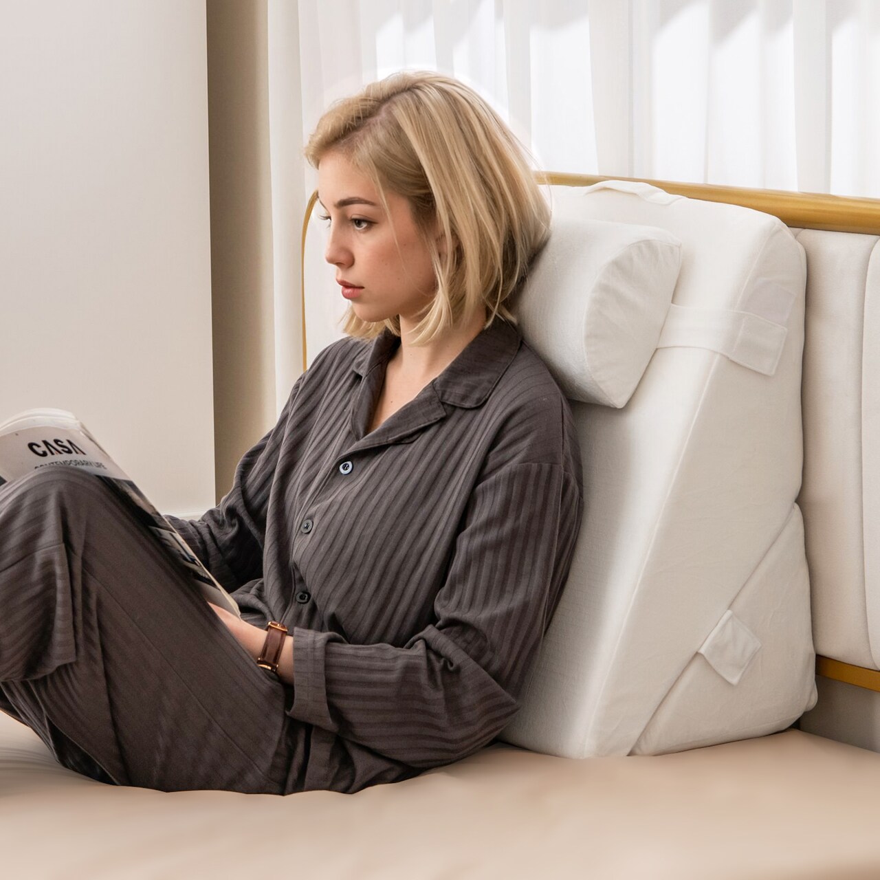 3 Pieces Off-White Adjustable Triangle Wedge Pillows for Bed and Sofa with Washable Plush Cover and Headrest